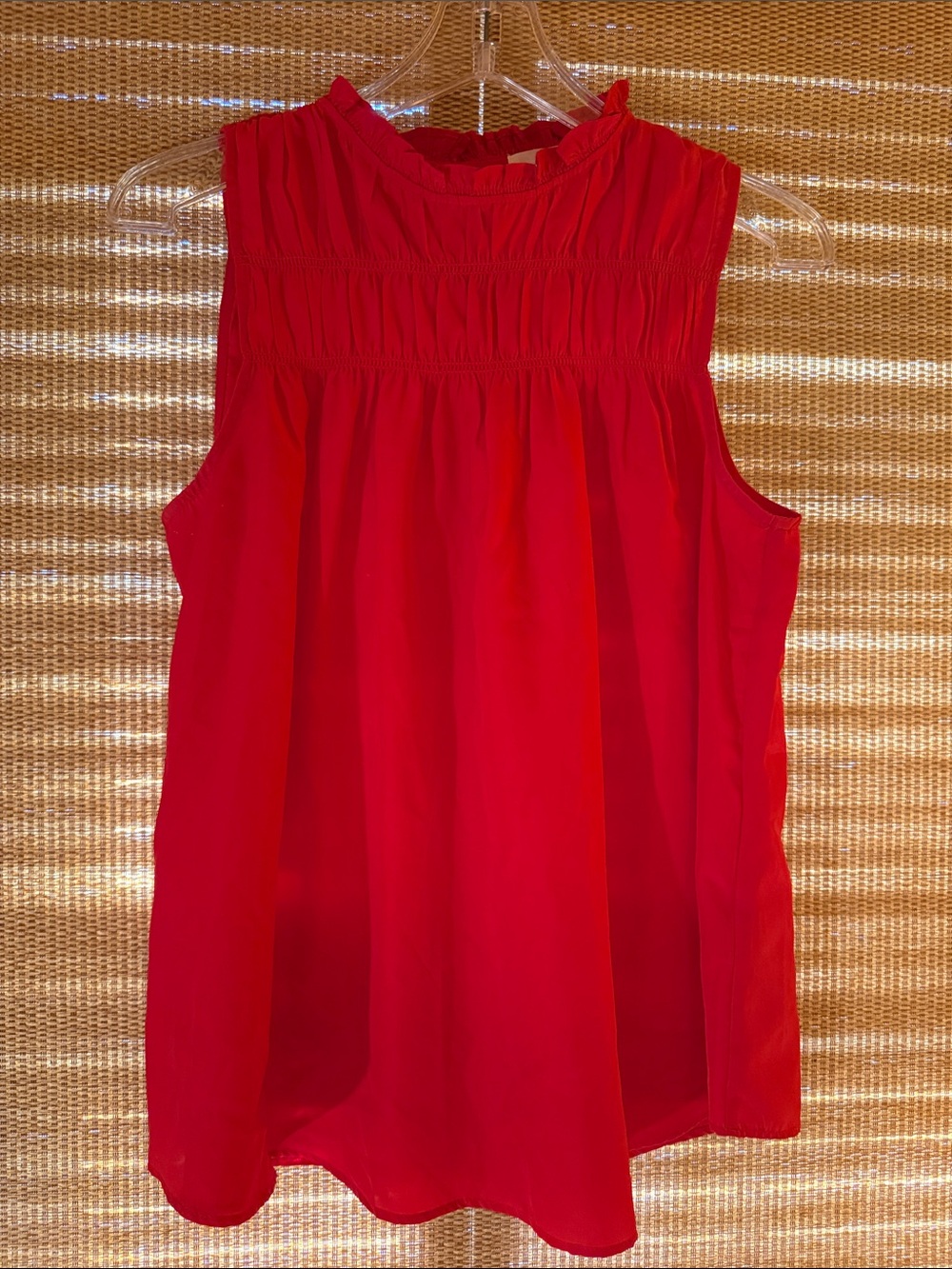 Joie Red Sleeveless Smocked Yoke Silk Camisole
